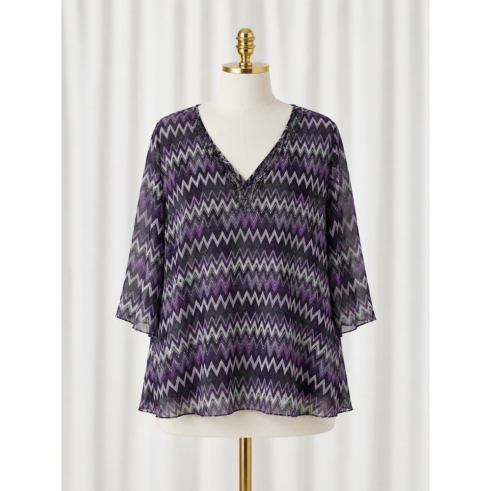 Catherines 4X‎ Purple Popover Top Semi Sheer Beaded V Neck Lightweight Flowy